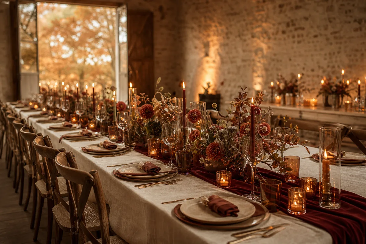 Décoration mariage automne : palette, fleurs et lumière